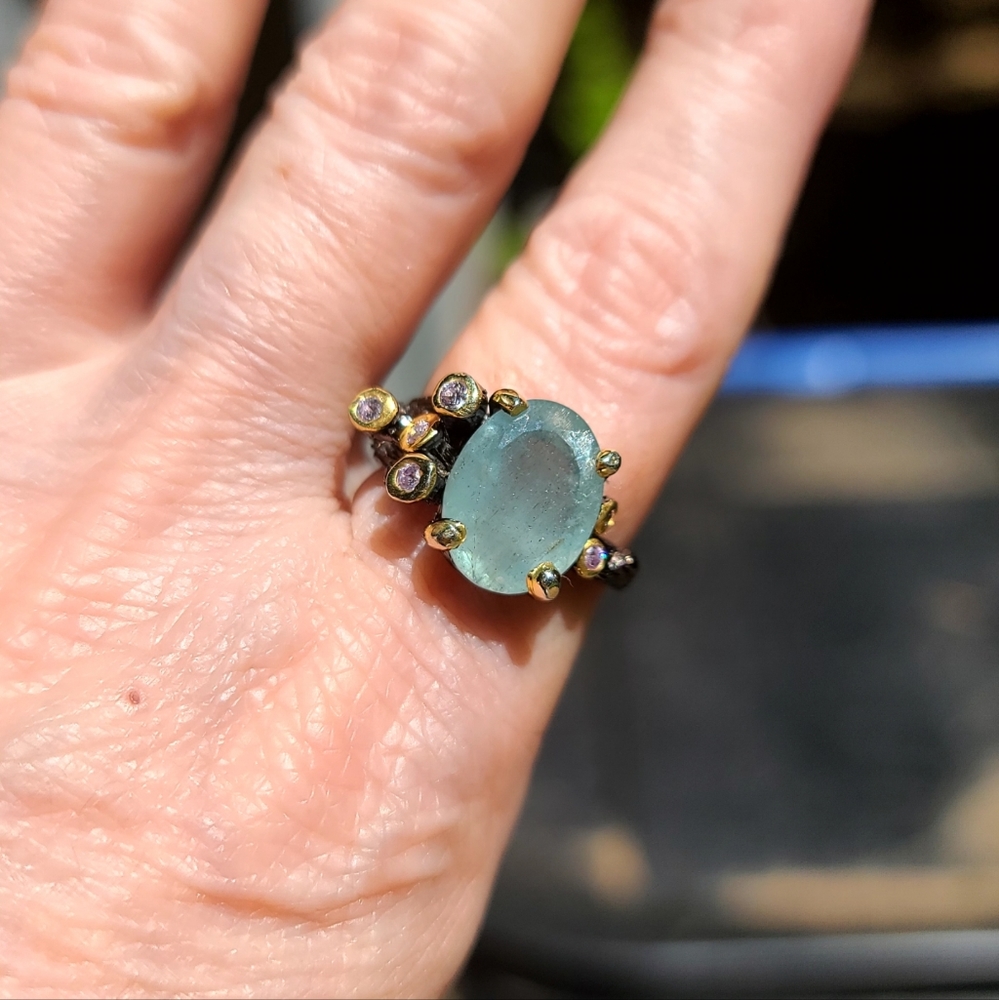 Aquamarine & Amethyst Sterling ring sz8 - Picture 7 of 7